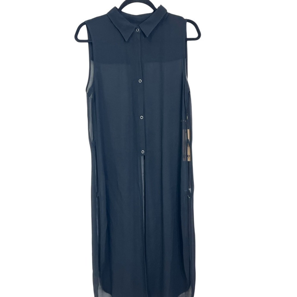 Go By Go Silk Black Sheer Duster Long Button Front Tunic Medium Washable Silk